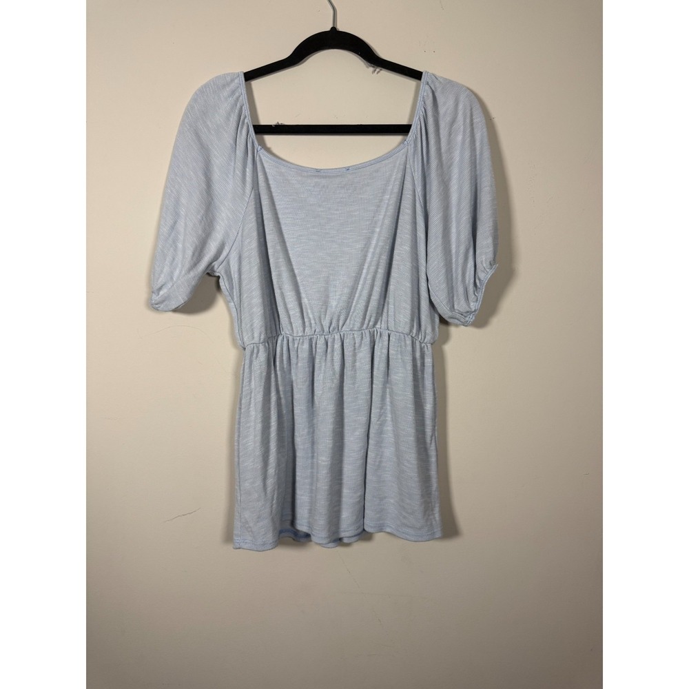Perfect Peach Baby Blue Ribbed Babydoll Peplum Puff Sleeve Top XL